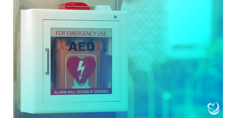Cardiac Science AED in a wall cabinet in a public space
