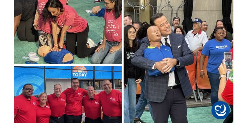 Collage of images from Today Show featuring American Heart Association instructors, a woman practicing CPR on CPR Taylor, and Carson Daly posing for a picture with CPR Taylor.