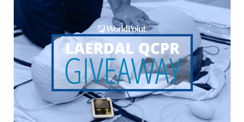 Laerdal manikin overlaid with text reading "Laerdal QCPR Giveaway"