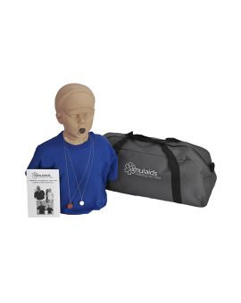 adolescent choking torso manikin with carry bag and instructions, wearing shirt and choking boluses