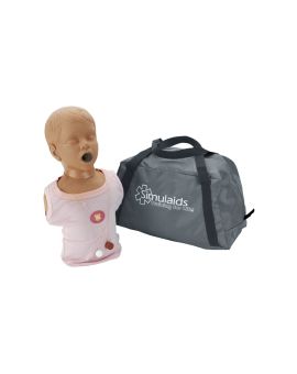 child-aged choking manikin wearing pink shirt and boluses, with carry bag