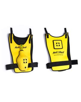 front and back views of yellow choking relief practice vest