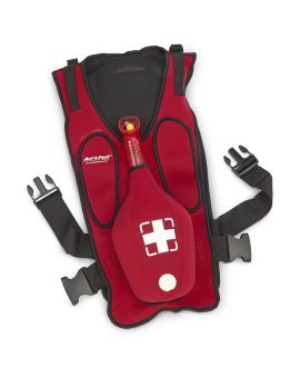 front view of red choking relief vest