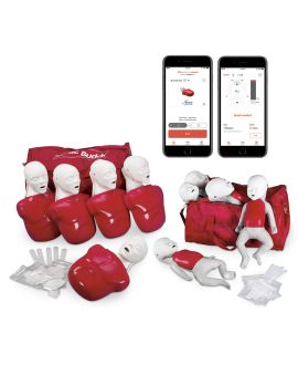 pack of 5 adult Basic Buddy Plus manikins and carry bag and 5 infant manikins with accessories and rendering of Heartisense feedback on 2 phone screens
