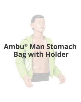 faded image of Ambu Man CPR manikin with overlay text "Ambu Man Stomach Bag with Holder"