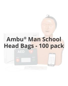 faded image of Ambu Man school manikin with overlay text "Ambu Man School Head Bags - 100 pack"