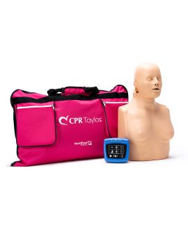 CPR Taylor manikin with light skin and female chest skin sitting in front of carrying bag with CPR feedback monitor
