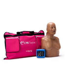 CPR Taylor manikin with dark skin and female chest skin sitting in front of carrying bag with CPR feedback monitor