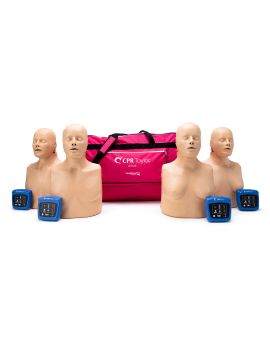 4 CPR Taylor manikins with light skin with male and female chest skins sitting in front of carrying bag with CPR feedback monitors