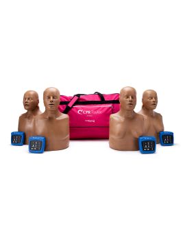 Pack of 4 CPR Taylor manikins with dark skin and male and female chest skins, sitting in front of carrying bag with CPR feedback monitor