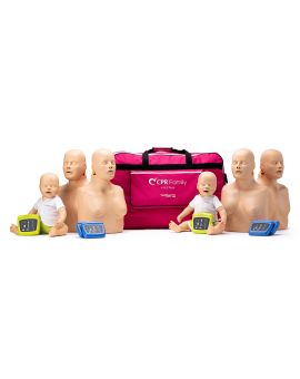 CPR Family 4 & 2 pack containing 4 light skin CPR Taylors, 2 light skin Baby Tylers, seated, feedback monitors & carry bag