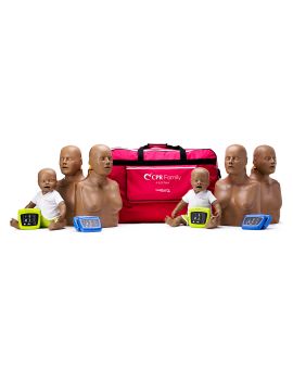CPR Family 4 & 2 pack containing 4 dark skin CPR Taylors, 2 dark skin Baby Tylers, seated, feedback monitors & carry bag