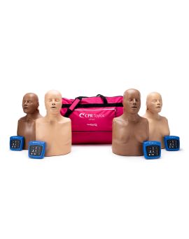 CPR Taylor diversity pack with 4 manikins, 2 light skin, 2 dark skin, with male and female chest skins sitting in front of carrying bag with CPR feedback monitor