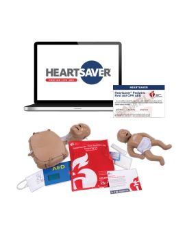 Laptop with Heartsaver logo, Heartsaver Pediatric course completion card, Mini Anne manikin, Baby Anne manikin, AED trainer, and First Aid training kit