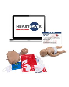 laptop with heartsaver logo, Heartsaver AED course completion card, Mini Anne and Mini Baby CPR manikins, and first aid training kit