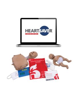 laptop with Heartsaver logo with Mini Anne and Baby Anne manikins with first aid training kit