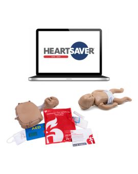 laptop with Heartsaver CPR AED logo with Mini Anne and Mini Baby manikins and first aid training kit